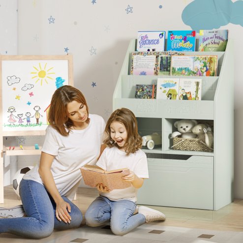 HOMCOM Kids Bookshelf with Storage Drawer, Children's Bookcase with Wheels, Toy Organiser for Bedroom, Playroom - Green