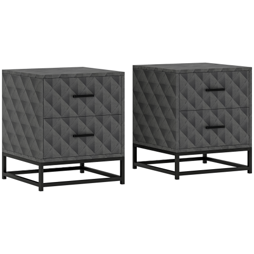 HOMCOM Bedside Tables Set of 2, Modern Bedside Table Nightstand with 2 Drawers, Bedside Cabinet Sofa Side Table with Storage, Steel Legs for Bedroom, Living Room, Grey