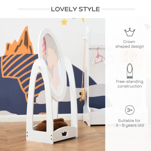 HOMCOM Free Standing Full Length Mirror, Child's Dressing Mirror with storage shelf, Children's White Bedroom Furniture 360?? Rotation MDF, For 3- 8 Years Old, 40L x 30W x 104H cm