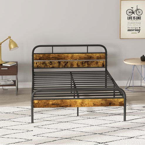 HOMCOM 4ft6 Double Bed Frame with Headboard, Platform Bed Frame with Underbed Storage, Slat Support, No Box Spring Needed, Easy Assembly, Rustic Brown