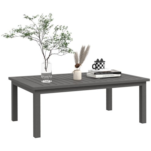 Outsunny Aluminium Outdoor Coffee Table, Rectangular Patio Side Table with Slat Tabletop for Indoor, Garden, Balcony, 100cm x 60 cm, Brown