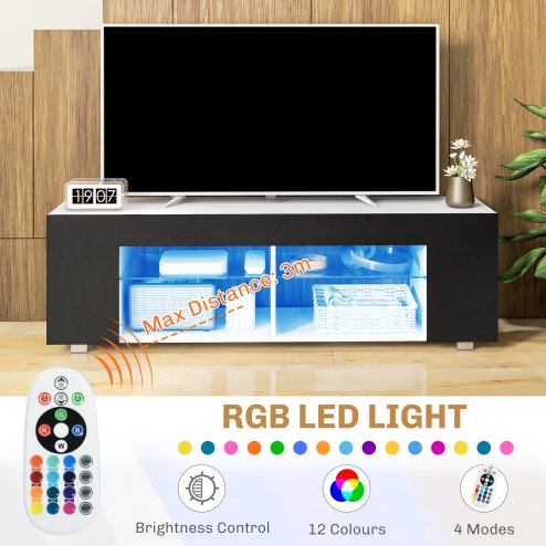 HOMCOM 145cm TV Unit with Glass Shelves and LED Light, Modern TV Stand Cabinet for Living Room, Entertainment Unit for 60 inch 4k TV