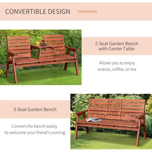 Outsunny 2 Seater Wooden Garden Bench with Convertible Middle Table, Outdoor Three-Seater Bench for Patio, Park, Porch, Orange