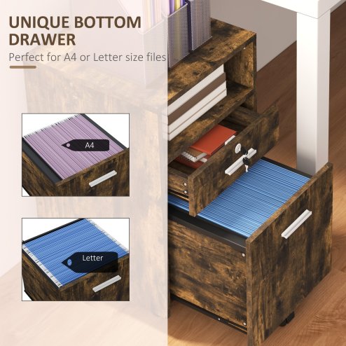 Vinsetto Mobile File Cabinet Lockable Storage Unit Cupboard for A4 Letter Home Filing Furniture for Office, Bedroom and Living Room, 39x40x65cm, Rustic Brown