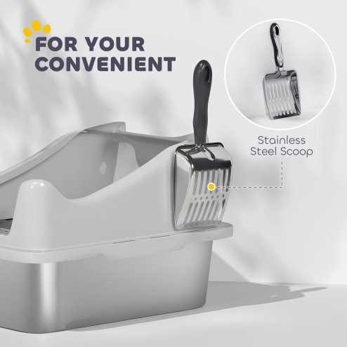PawHut Cat Litter Tray Stainless Steel, Cat Litter Box High Sided with Metal Litter Scoop, Never Absorbs Odors, Anti Leakage & Easy to Clean, 43 x 33 x 25 cm, Grey
