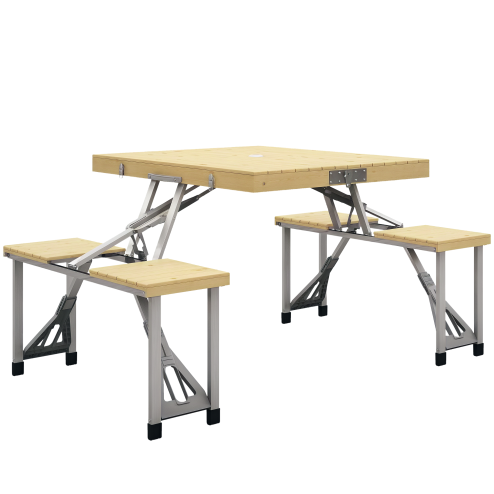 Outsunny Folding Wooden Picnic Table with Seats and Umbrella Hole, Aluminium Frame Portable Camping Table and Chairs Set, for Patio, Yard, Porch and Garden