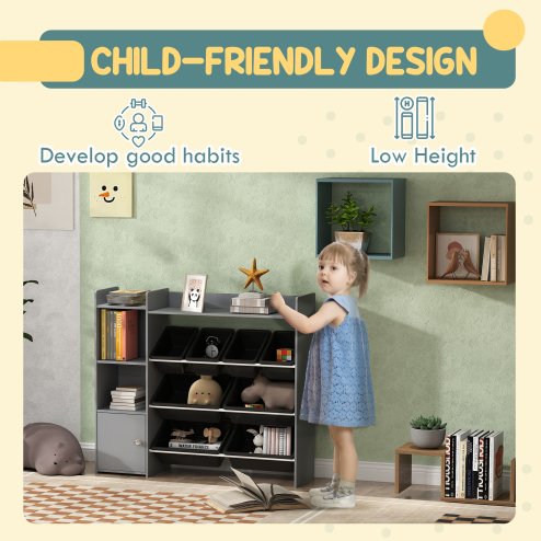 AIYAPLAY Toy Storage Unit, with 8 Removable Bins, Storage Shelves, Cabinet, Toy Organiser, for Playroom, Kids Room, Nursery, Grey