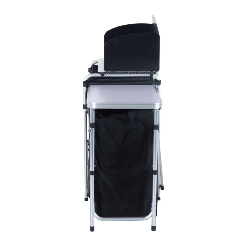 Outsunny Portable Camping Kitchen with Aluminium Frame, Fold-Up Cooking Table With Windscreen and 3 Enclosed Cupboards for BBQ, Party, Picnic, Black