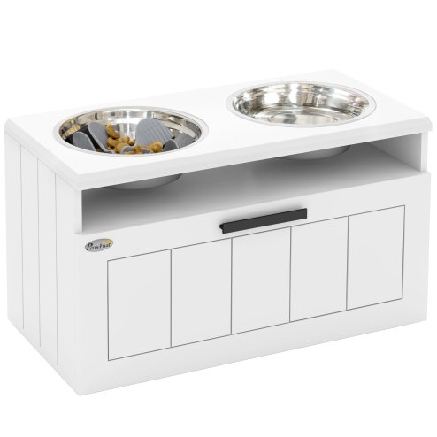 PawHut Raised Dog Bowl, Elevated Pet Bowls with Slow Feeder, Two Stainless Steel Bowls, Drawer, for Large & Extra Large Dogs, White