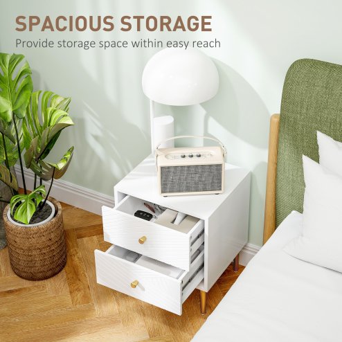 HOMCOM Bedside Table with 2 Drawers, Modern Side Table with Curved Line Panels and Metal Legs for Bedroom, Living Room, White