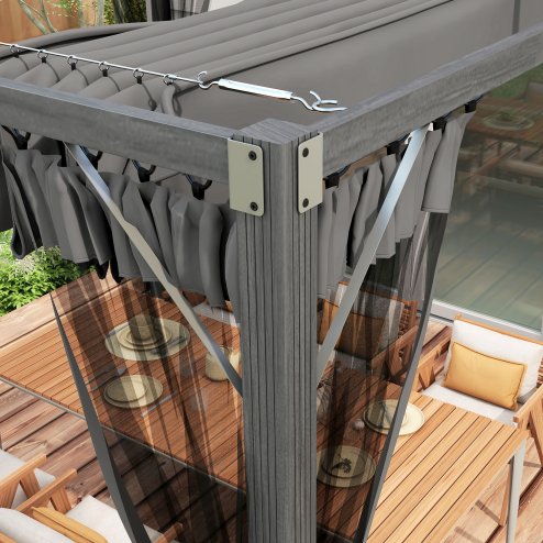 Outsunny 3 x 3 m Pergola with Retractable Roof Canopy and Netting Sidewalls, Aluminium Frame Garden Gazebo Outdoor Sun Shade Shelter for Grill, Patio, Deck, Dark Grey