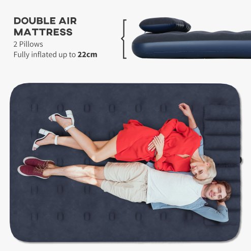 Outsunny Double Air Bed with 2 Pillows, Hand Pump, Inflatable Mattress with Flocked Surface for Guest, Camping, Travel, 191 x 137 x 22cm