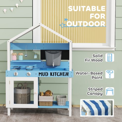 AIYAPLAY Kids Mud Kitchen, Outdoor Play Kitchen with Stoves, Sink, Faucet, Storage Shelves, Cookware Accessories, Pretend Wooden Kitchen Playset for Boys Girls, Blue
