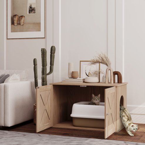 PawHut Cat Litter Box Enclosure, Cats House Litter Box Furniture with Double Doors and Side Entrance, Non-Slip Pads, Indoor Kitty House Hidden Washroom Toilet for Living Room, Walnut Brown