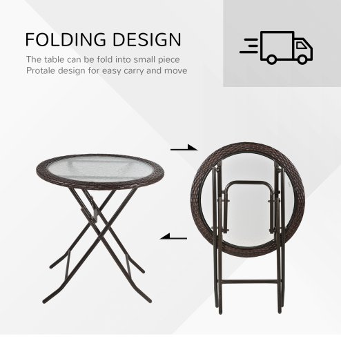Outsunny Folding Rattan Garden Dining Table, 68 cm Round Rattan Garden Table with Water Ripple Tempered Glass Top, Wicker Edging  and Steel Frame for Outdoor, Patio, Brown