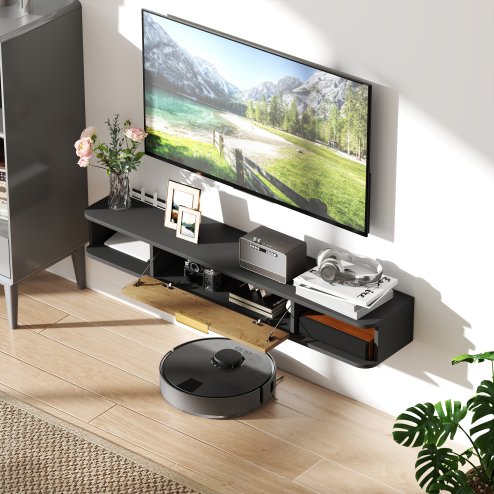 HOMCOM 120 cm Floating TV Stand Cabinet, Wall Mounted TV Cabinet with Open Compartments and Flip Door, Modern Entertainment Media Console for Living Room, Charcoal Grey