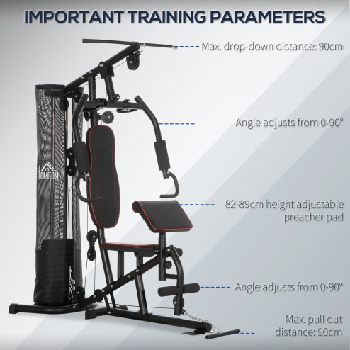 HOMCOM Multifunctional Home Gym Workout Station, 45kg Weight Stack Multi Gym Fitness Equipment for Full Body Fitness