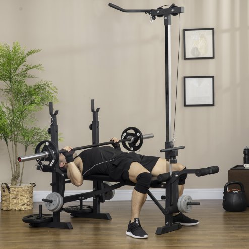 HOMCOM Adjustable Weight Bench with Pulley System, Incline Bench Press Set with Squat Rack, Leg Developer, Butterfly and Weight Storage, for Home Gym Full Body Workout