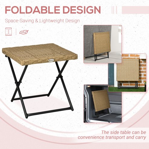 Outsunny Folding Rattan Garden Coffee Table, Small Square Outdoor Bistro Side Table with Rattan Top for Patio, Balcony, Porch, 40 x 40 x 40 cm, Natural