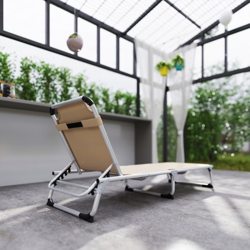 Outsunny Foldable Outdoor Sun Lounger, Reclining Lounge Chair Camping Bed Cot with Pillow 4-Level Adjustable Back Aluminium Frame, Khaki