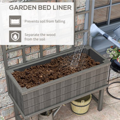 Outsunny Wooden Raised Planter with Trellis for Vine Climbing Plants, Elevated Garden Bed with Drainage Holes and Bed Liner for Vegetables, Flowers, Herbs, 105 x 45 x 140cm, Grey