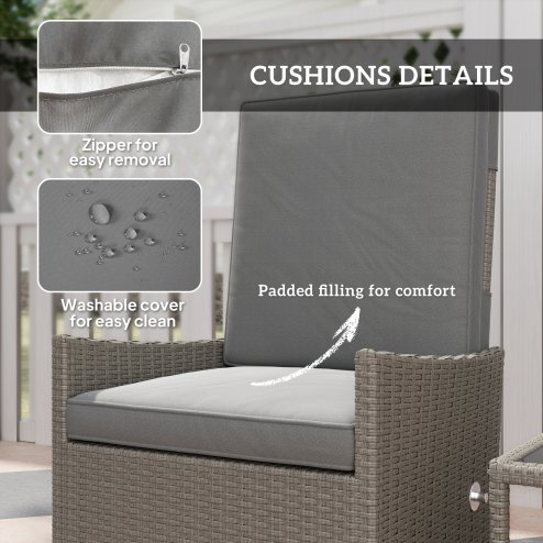 Outsunny 5 Piece Rattan Garden Furniture Set, Wicker Patio Sofa Set with 2 Armchairs, 2 Footstools, Glass Top Coffee Table with Shelf, Outdoor Furniture with Adjustable Backrests, Cushions, Dark Grey