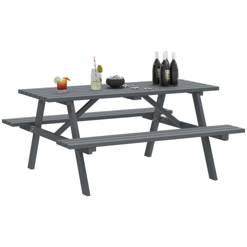 Outsunny 6 Seater Wooden Picnic Table Bench for Outdoor Garden or Patio with Parasol Cutout 150 cm Grey