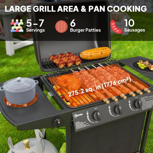Outsunny 3+1 Burner Gas BBQ Grill with Built-in Thermometer, Lid, Portable Gas Barbecue Grill with Side Table, Shelf, Spice Rack, Wheels, Grease Cup for Garden Party Outdoor Cooking, Black