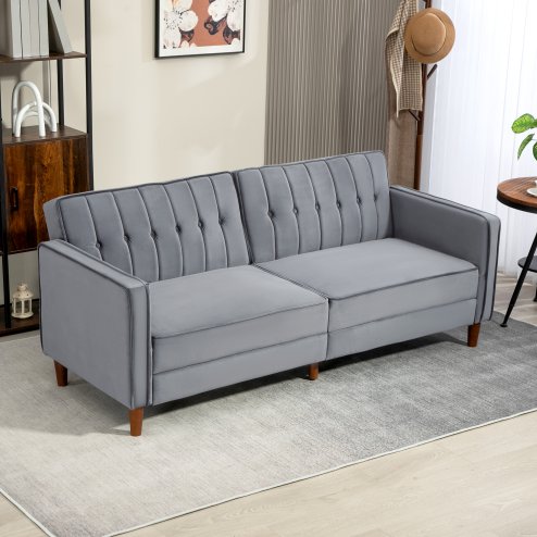 HOMCOM 3 Seater Velvet Sofa Bed, 189cm Click Clack Sofa Bed, Button Tufted Sleeper Couch with Split Reclining Backrest and Rubber Wood Legs