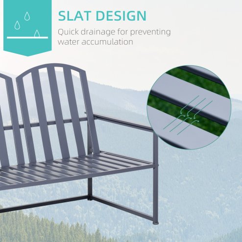 Outsunny Garden Bench Loveseat 2 Seat Chair for Outdoor Park, Yard, Steel Frame, Decorative Slatted Design, Grey