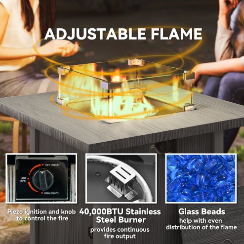 Outsunny Propane Gas Fire Pit Table for Garden, 40000 BTU Smokeless Firepit Outdoor Heater with Waterproof Cover, Glass Screen, Glass Beads and Lid, Wood Effect, 71 x 71 x 62.5cm, Dark Grey