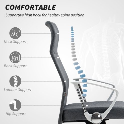 HOMCOM Office Chair, Fabric Computer Desk Chair with High Back, Swivel Wheels, Armrest, Tilting Function, Height Adjustable for Home, Grey