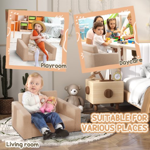 AIYAPLAY Toddler Sofa, Kids Sofa Bed, 2 in 1 Recliner Foldable Kids Armchair with Washable Cushion, Cover, for 1.5-3 Years Old, One Seater, Khaki