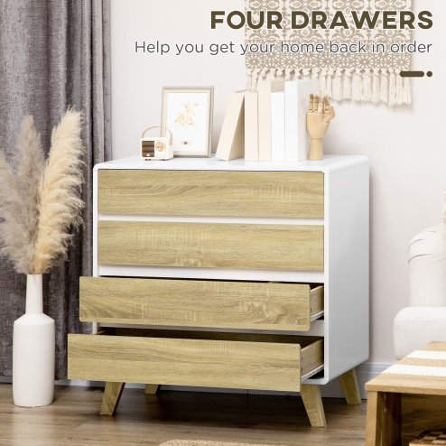 HOMCOM Chest of Drawers, 4-Drawer Storage Cabinet Organiser with Legs for Bedroom, Living Room, White and Oak