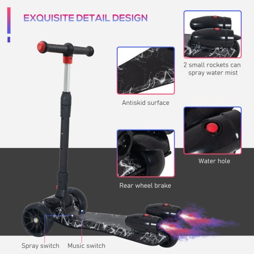 HOMCOM Kids Scooter, 3 Wheel Foldable Kick Scooter Adjustable Height w/ Flashing Wheels, Music, Water Spray for 3-6 Years, Black
