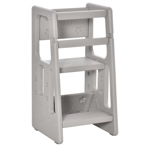 HOMCOM Kids Step Stool, Adjustable Standing Platform, Toddler Kitchen Stool , Standing Tower for Kids, Kitchen Counter with Three Adjustable Heights - Grey