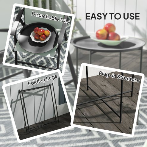 Outsunny 46cm Round Small Garden Table with Removable Tray and Folding Legs, Metal Garden Side Table, Indoor Outdoor Coffee Table End Table for Patio, Balcony, Porch, Black
