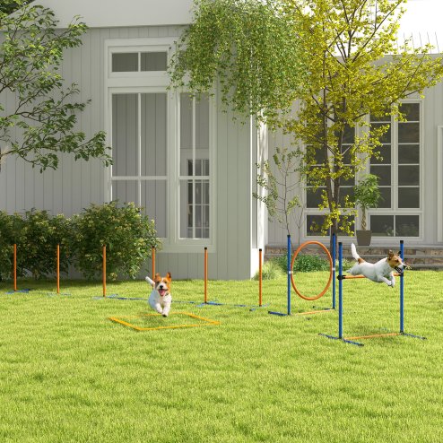 PawHut Dog Agility Training Equipment, Dog Outdoor Games with Weave Poles, Jump Ring, Pause Box, Adjustable Hurdle, Pet Obstacle Course Training Set with Carry Bag, Orange