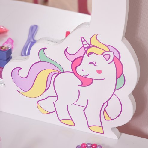 HOMCOM Girls Dressing Table with Mirror, Stool, Kids Dressing Table, Unicorn-Designed Play Toy for Toddles Girls Age 3-6 Years, Acrylic Mirror, Pink and White