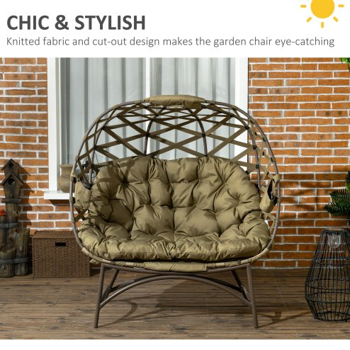 Outsunny Egg Chair Outdoor, 2 Seater Folding Weave Garden Furniture Chair with Cushion, Cup Pockets for Patio Balcony - Khaki