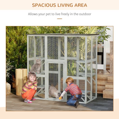 PawHut Large Outdoor Cat House, Walk-in Cat Enclosure, Wooden Catio with 6 Jumping Platforms, Waterproof Asphalt Roof