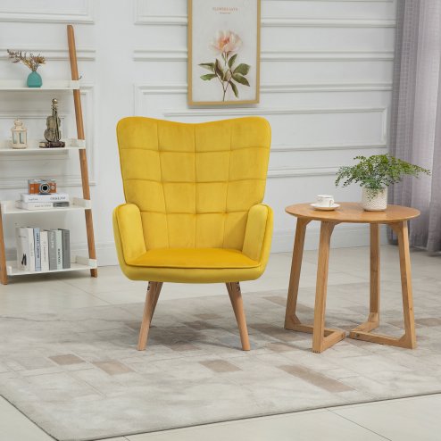 HOMCOM Modern Accent Chair, Upholstered Tufted Wingback Armchair with Seat Padding, Velvet Leisure Lounge Bedroom Chair with Wood Legs, Yellow