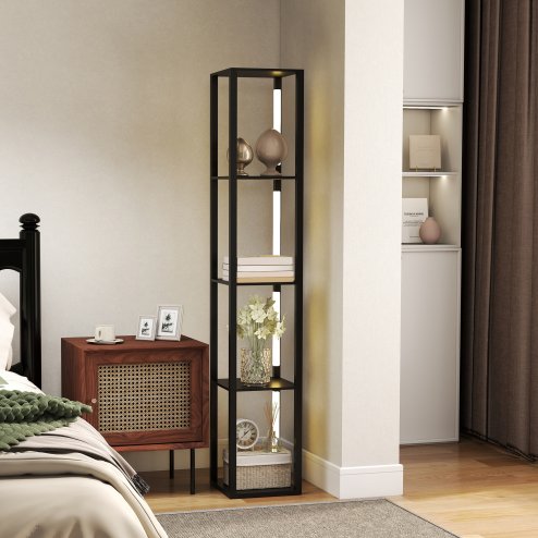 HOMCOM LED Floor Lamp with Shelves, 4 Layers Dimmable Modern Standing Lamp with 3 Brightness Levels and Foot Switch for Living Room, Bedroom, Office, Black