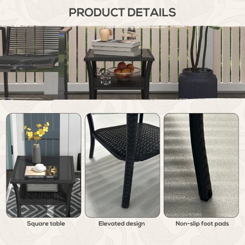 Outsunny 50cm Outdoor PE Rattan Coffee Table, Patio Wicker Two-tier Side Table with Glass Top, for Patio, Garden, Balcony, Black