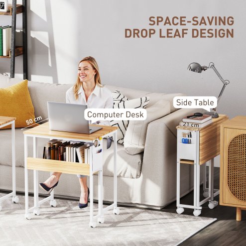 HOMCOM Folding Desk with Storage Shelf and Bag, 63 cm Foldable Computer Desk for Small Spaces, Space Saving Writing Table on Wheels for Home Office, Bedroom, Easy Assembly, Natural Wood Finish