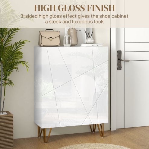 HOMCOM Narrow Shoe Cabinet with High Gloss, Slim Shoe Storage Cabinet with Soft-Close Hinges and Adjustable Shelves for 15-20 Pairs of Shoes