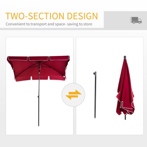Outsunny 2 x 1.3m Garden Parasol Umbrella, Outdoor Market Table Umbrella with Ruffles & Aluminium Pole, Rectangular Tilting Parasol Sun Shade Canopy, Red