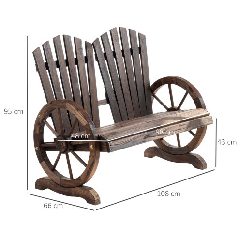 Outsunny 2 Seater Garden Bench, Comfortable Fir Wood Love Chair with Wagon Wheel-Shaped Armrests, Outdoor Adirondack Wooden Loveseats, Carbonized Colour
