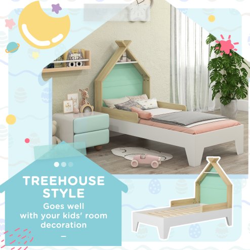 AIYAPLAY Toddler Bed Frame, Kids Bedroom Furniture, Treehouse Style Single Bed Frame with Safety Guardrails, 144L x 74W x 110Hcm, for Ages 3-8 Years, Green