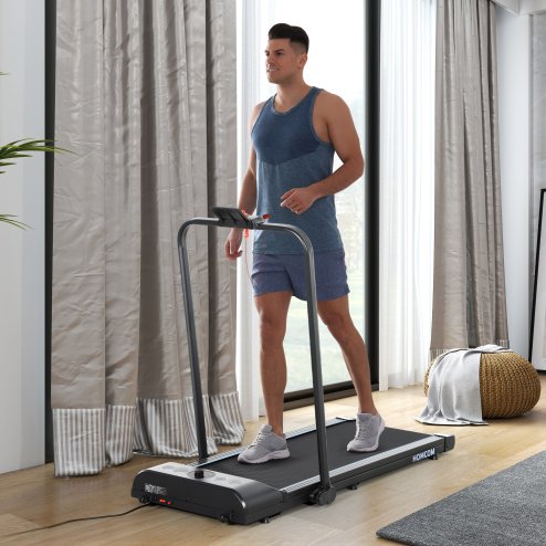 HOMCOM Walking Pad Treadmill, Folding Treadmill for Home, 1-8km/h Under Desk Running Machine with Low Noise 1.5HP, LED Display, Wheels and Remote Control, for Gym Office Fitness Training, Blue